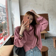 Load image into Gallery viewer, Women Solid Shirt Chic Summer Office Ladies Casual Tops And Shirts Female Korean Long Sleeves Blouses Pocket Shirts