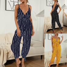 Load image into Gallery viewer, Women Striped Jumpsuit Split Rompers  V Neck Pockets Tie Waist Spaghetti Straps Summer Romper Outfits Overalls Femme Jumpsuit