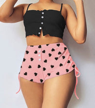 Load image into Gallery viewer, Women Suits Casual Home Sleeveless Slim Fit Heart Print Button Sling Mid-waist Drawstring Shorts Spring Summer Two Piece Set