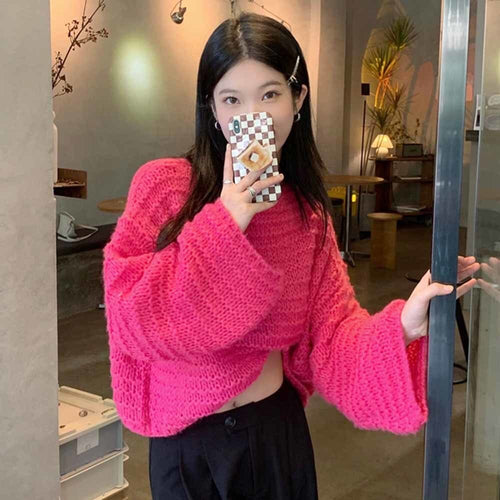 Women Sweater Streetwear Knitted Solid Ladies Sweater Elegant Jumper Long Sleeve O-neck Pullover Pink Top Winter Autumn Sweaters