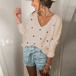 Women Sweaters Casual Love Loose Pullovers Female Long Sleeve V Neck Knitting Tops 2021 Autumn Winter Fashion Vintage Sweater