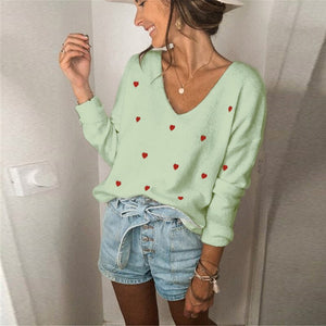 Women Sweaters Casual Love Loose Pullovers Female Long Sleeve V Neck Knitting Tops 2021 Autumn Winter Fashion Vintage Sweater