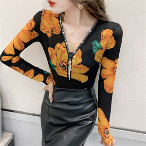Women Tops And Blouse Floral Print Vintage Blouse Shirt Korean Fashion Sexy Slim Mesh Shirts Undershirt Blusa Feminina