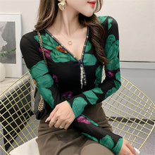 Load image into Gallery viewer, Women Tops And Blouse Floral Print Vintage Blouse Shirt Korean Fashion Sexy Slim Mesh Shirts Undershirt Blusa Feminina