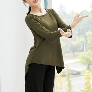 Women Tunic Tops for Dance Asymmetrical Hemline Shirts Elastic Breathable Long Sleeve O-Neck Solid Flowy Casual Tees Dancewear
