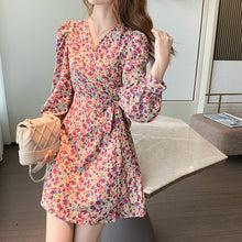 Load image into Gallery viewer, Women V-neck Floral Dress Chiffon Sweet Sexy Short Skirt Spring Autumn Fashion Temperament Dresses Korean Long-Sleeve Dress