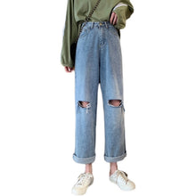 Load image into Gallery viewer, Women's Denim ripped trousers Fall Cost-Effective Early Autumn High Waist Slimming Holes Denim Length Loose Straight Pants