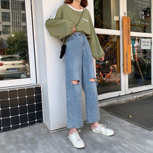 Load image into Gallery viewer, Women's Denim ripped trousers Fall Cost-Effective Early Autumn High Waist Slimming Holes Denim Length Loose Straight Pants