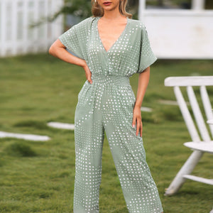 Women's Jumpsuits Summer Fashion Polka Dot Wide Legs Rompers Half Sleeve High Waist Overalls Casual Holiday Jumpsuits Mujer
