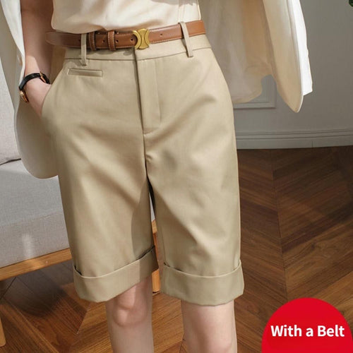 Women's Summer Shorts High Waist Knee Length Straight Pants with Belt Office Khaki White Black Casual Short Pants Women Fashion