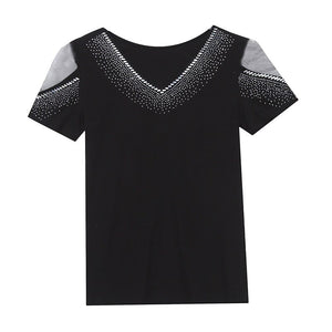Women's tshirt New 2021 Summer Short Sleeve Mesh Tops Shirt Elegant Slim V-Neck Hot Drilling Female Tees Blusas