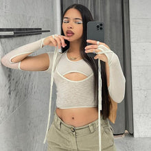 Load image into Gallery viewer, Y2k Punk Sexy Women 2 Pc Set T-shirts Cyber Bodycon Patchwork Halter Crop Tops Grunge Bandage Cut Out Sleeve Streewear Fairycore