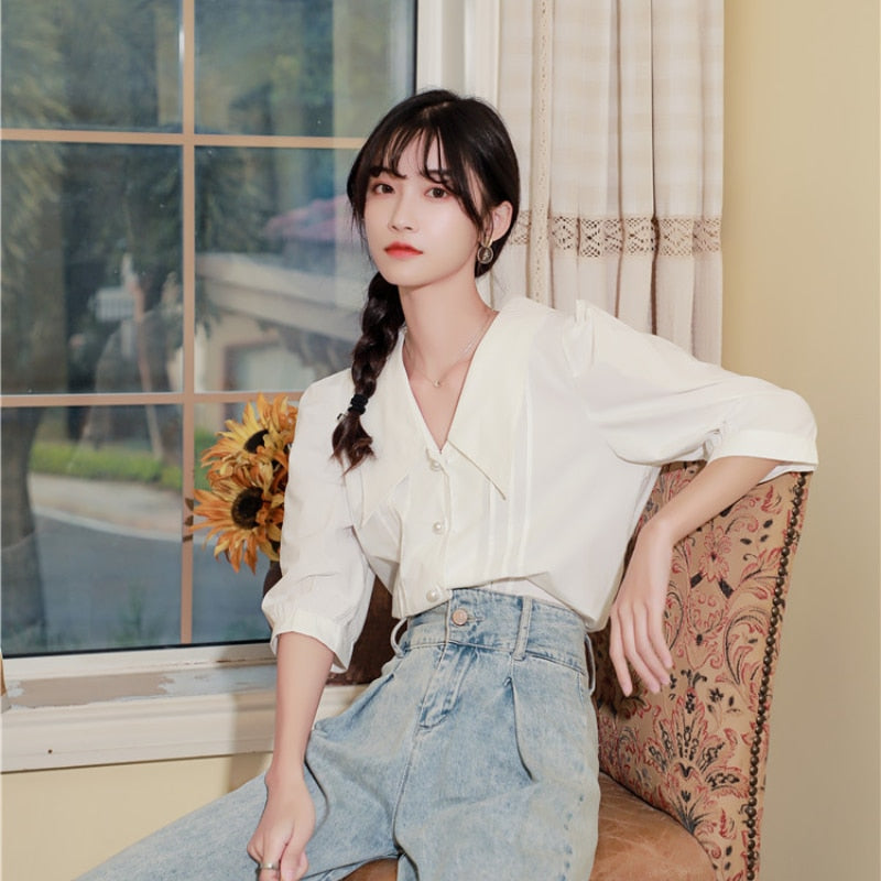 French-Style Short Sleeve Solid Blouse: Vintage Office Elegance for Summer