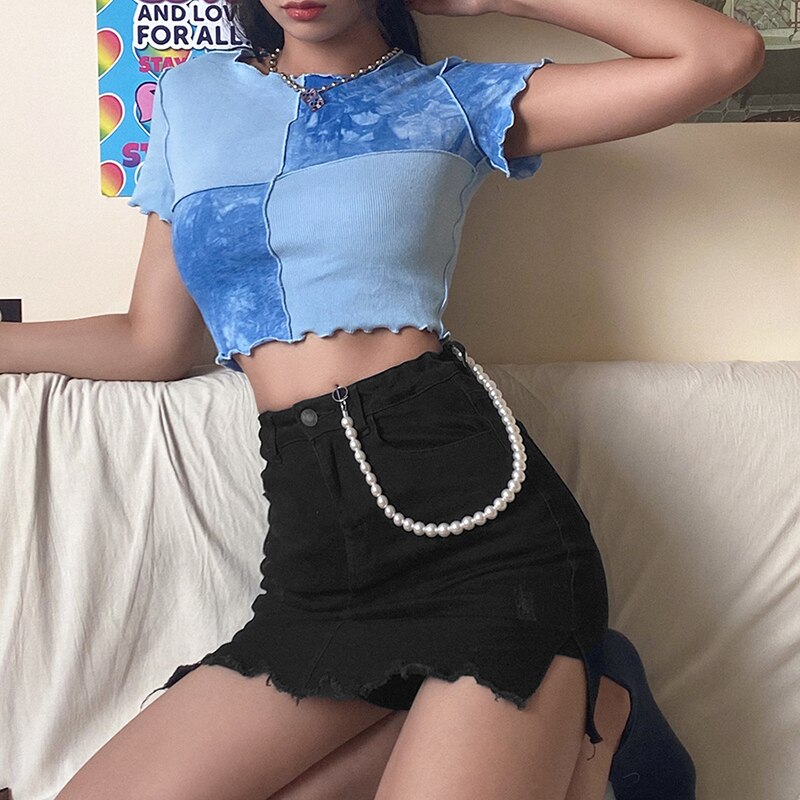 Tie Dye Cropped Top: Patchwork Ruffle Frill Tee for Casual Summer Style