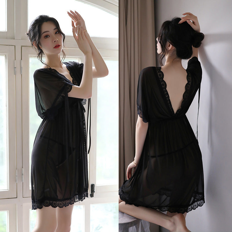 Silky-Feel Lace Mesh Babydoll Nightgown: V-Neck Backless Sleepwear Guide