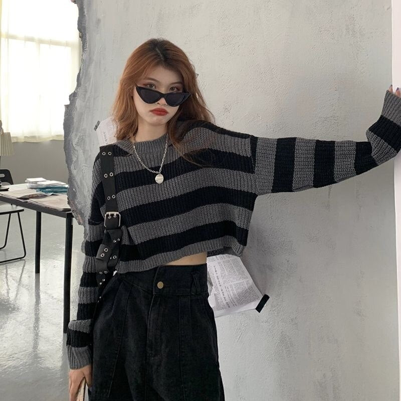 Striped Y2K Crop Sweater: How to Style the Bold-Knit O-Neck Pullover