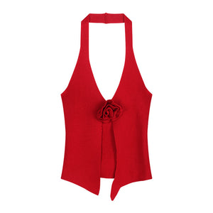 Three-dimensional Flower Knitted Halter Spaghetti Straps Vest