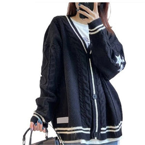 Autumn  Women Beige V-neck Star Embroidery Cardigan Casual Loose Sweater Fashion Temperament Knitted Jacket Y2k Streetwear