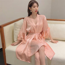 Load image into Gallery viewer, Female Twinset Robe Set Women Lace Kimono Sleepwear Nightgown Lingerie Summer Satin Nightwear Bathrobe Gown Suit Loungewear