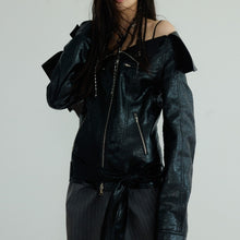 Load image into Gallery viewer, Large Lapel Off-shoulder Chapped PU Leather Narrow Jacket Coat