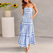 Load image into Gallery viewer, Summer Striped Printed Suspender Long Dress With Pockets Fashion Square Neck Backless Dresses For Beach Vacation Women Clothing