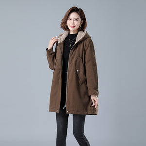 Fleece-lined Thick Hooded Parka Mid-length Long Sleeve Zipper