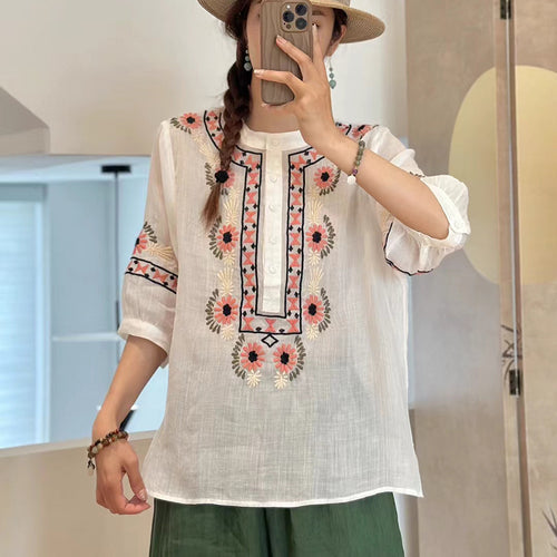 Loose Slimming T-shirt Splicing Symmetrical Embroidery Ramie Top