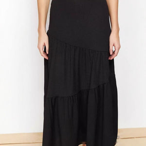 High Waist Elastic Skirt Irregular Pleated A- Line Big Hem Dress