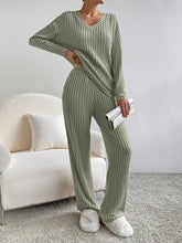 Load image into Gallery viewer, Fashion Solid Striped Suit V-neck Long-sleeved Top And Casual Straight Pants Loose Temperament Women&#39;s Clothing