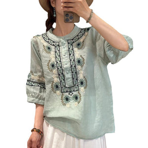 Loose Slimming T-shirt Splicing Symmetrical Embroidery Ramie Top