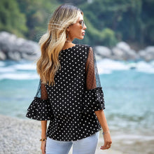 Load image into Gallery viewer, European And American Loose Casual Bell Sleeve Polka Dot Lace Patchwork Round Neck Top