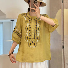 Load image into Gallery viewer, Loose Slimming T-shirt Splicing Symmetrical Embroidery Ramie Top