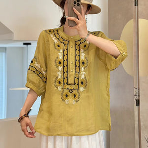 Loose Slimming T-shirt Splicing Symmetrical Embroidery Ramie Top