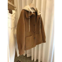 Load image into Gallery viewer, High Sense Patchwork Knitting Hooded Woolen Women&#39;s Autumn And Winter Thickening Design Sense Niche Coat