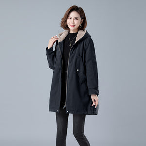 Fleece-lined Thick Hooded Parka Mid-length Long Sleeve Zipper