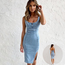 Load image into Gallery viewer, New U-neck Suspender Denim Dress Summer Casual Tight Slim Fit Dresses With Slit Design Womens Clothing