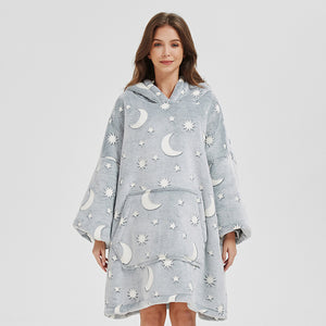 Winter Plush Hoodies Blanket Home Clothes With Stares Moon Luminous Design Oversized Pockets Pullover Nightgown Lazy Warm Homewear Pajamas