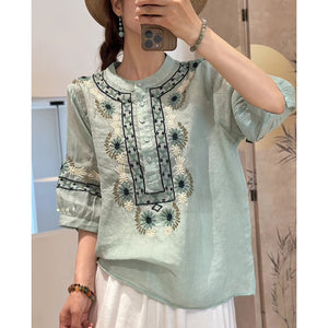 Loose Slimming T-shirt Splicing Symmetrical Embroidery Ramie Top