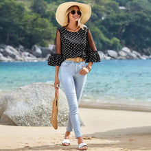 Load image into Gallery viewer, European And American Loose Casual Bell Sleeve Polka Dot Lace Patchwork Round Neck Top