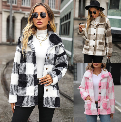 European And American Fashion Autumn And Winter Women's Lapel Long Sleeve Mid-length Plaid