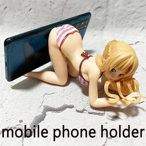 Anime Sword Art Online Asuna Sexy Girl PVC Figure Model Striped Kneeling Swimsuit Phone Holder Fans Collectible Toy Doll