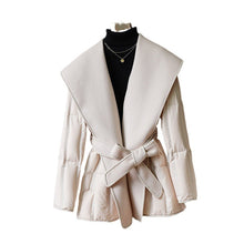 Load image into Gallery viewer, Reversible Cashmere Coat Stitching White Duck Down Coat Waist-tight Wool Down Jacket