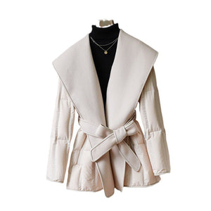 Reversible Cashmere Coat Stitching White Duck Down Coat Waist-tight Wool Down Jacket