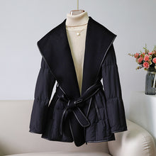 Load image into Gallery viewer, Reversible Cashmere Coat Stitching White Duck Down Coat Waist-tight Wool Down Jacket