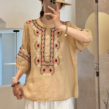 Load image into Gallery viewer, Loose Slimming T-shirt Splicing Symmetrical Embroidery Ramie Top