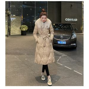 White Duck Slim Fit Down Jacket Women Overknee Mid-length Big Fur Collar Coat