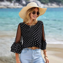 Load image into Gallery viewer, European And American Loose Casual Bell Sleeve Polka Dot Lace Patchwork Round Neck Top