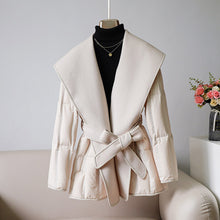 Load image into Gallery viewer, Reversible Cashmere Coat Stitching White Duck Down Coat Waist-tight Wool Down Jacket