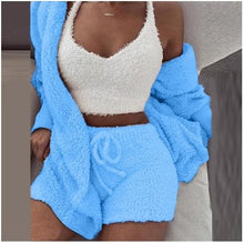Load image into Gallery viewer, Winter Sexy Women Home Wear Suit Casual Pajamas Set Lady Female Soft Warm Long Sleeve Exposed Navel Vest Shorts Set