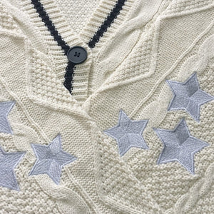 Autumn  Women Beige V-neck Star Embroidery Cardigan Casual Loose Sweater Fashion Temperament Knitted Jacket Y2k Streetwear